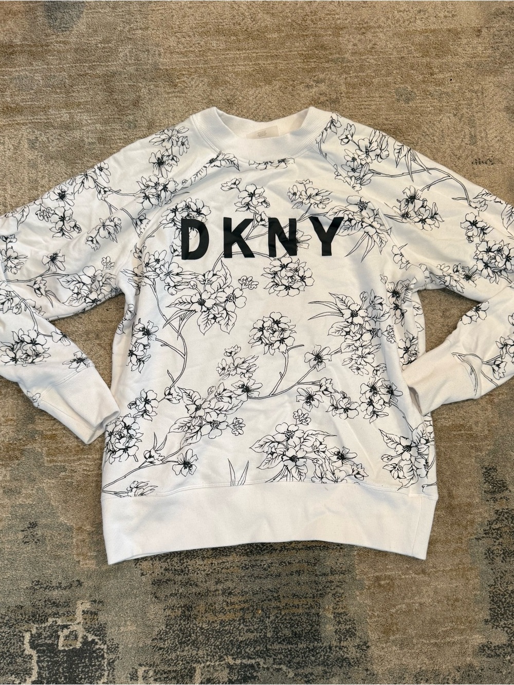 DKNY White Crewneck Sweatshirt with Black Floral Print